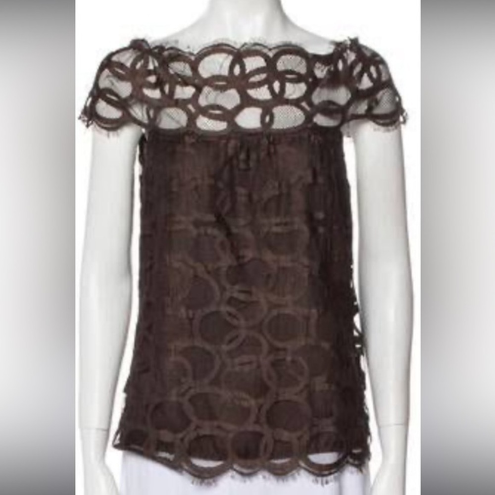 Robert Rodriguez Off The Shoulder Top Lace Over Silk Brown Sz 0